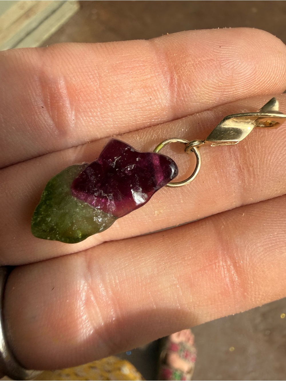 Solid 14k yellow gold genuine watermelon tourmaline pendant handmade - Picture 8 of 12